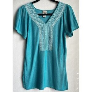 Chicos Blouse Women Size Small Blue White Embroidered V Neck Short Sleeve Casual